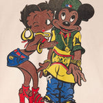 Cartoon characters styled with urban fashion and jewelry on a beige background