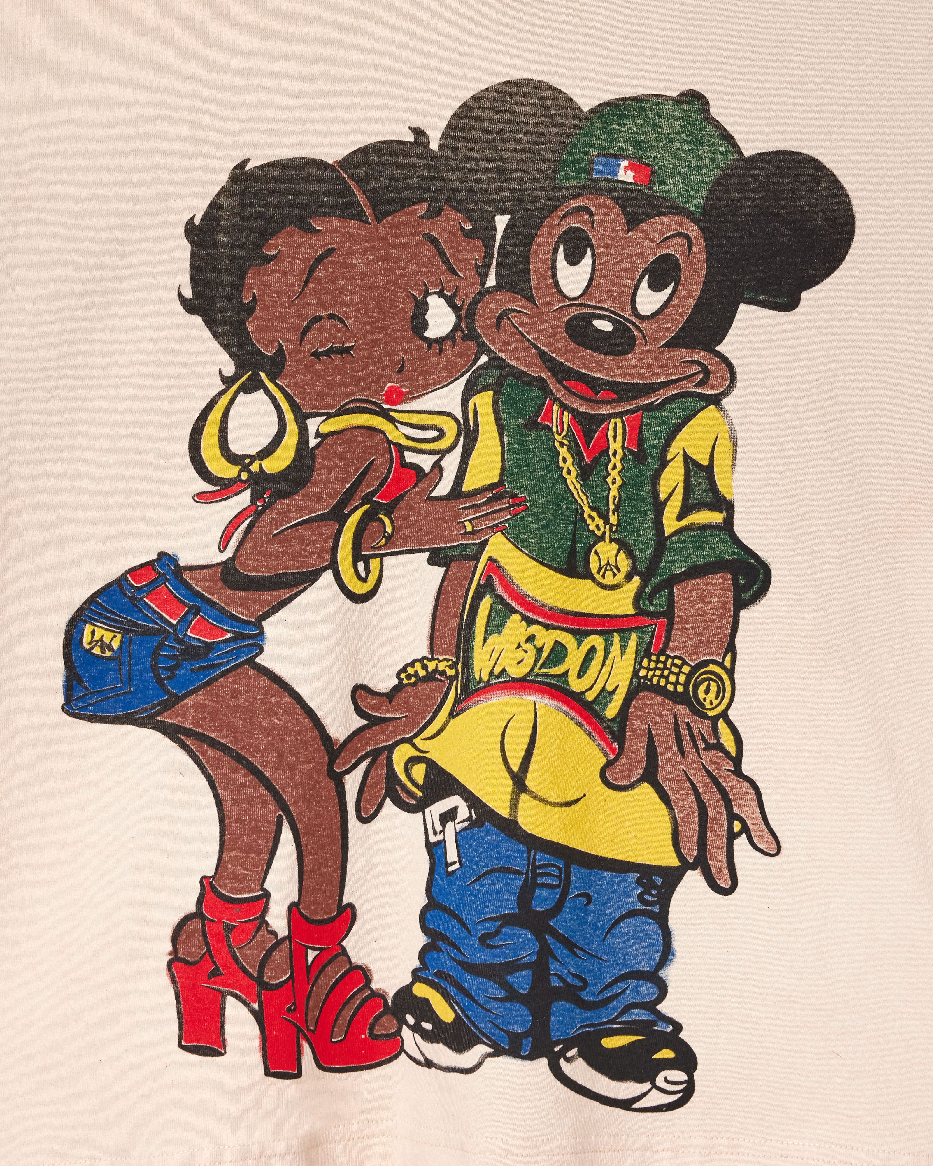 Cartoon characters styled with urban fashion and jewelry on a beige background
