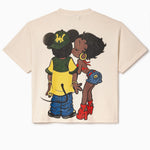 Beige t-shirt with cartoon characters on a white background. WA logo on the hat and pants
