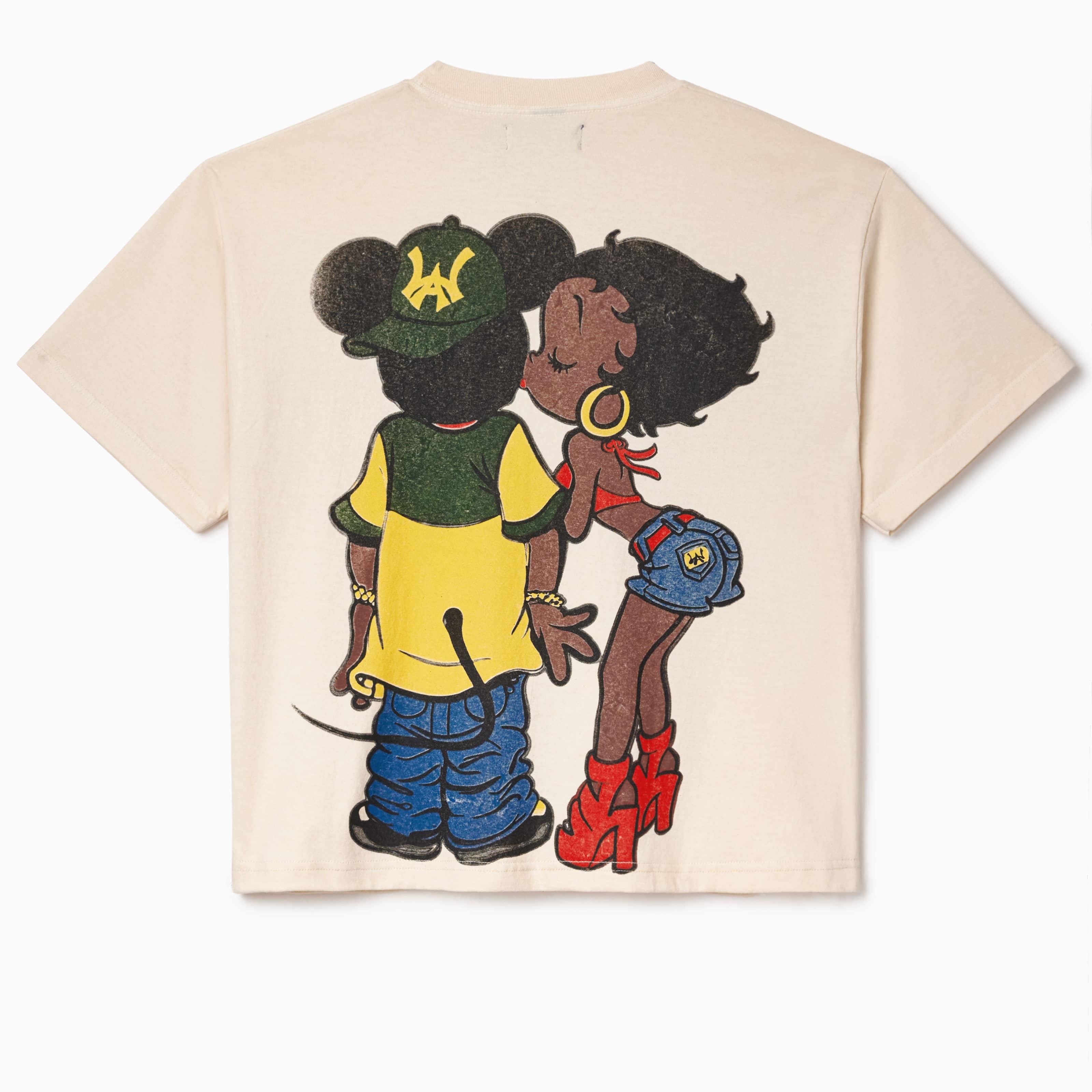 Beige t-shirt with cartoon characters on a white background. WA logo on the hat and pants