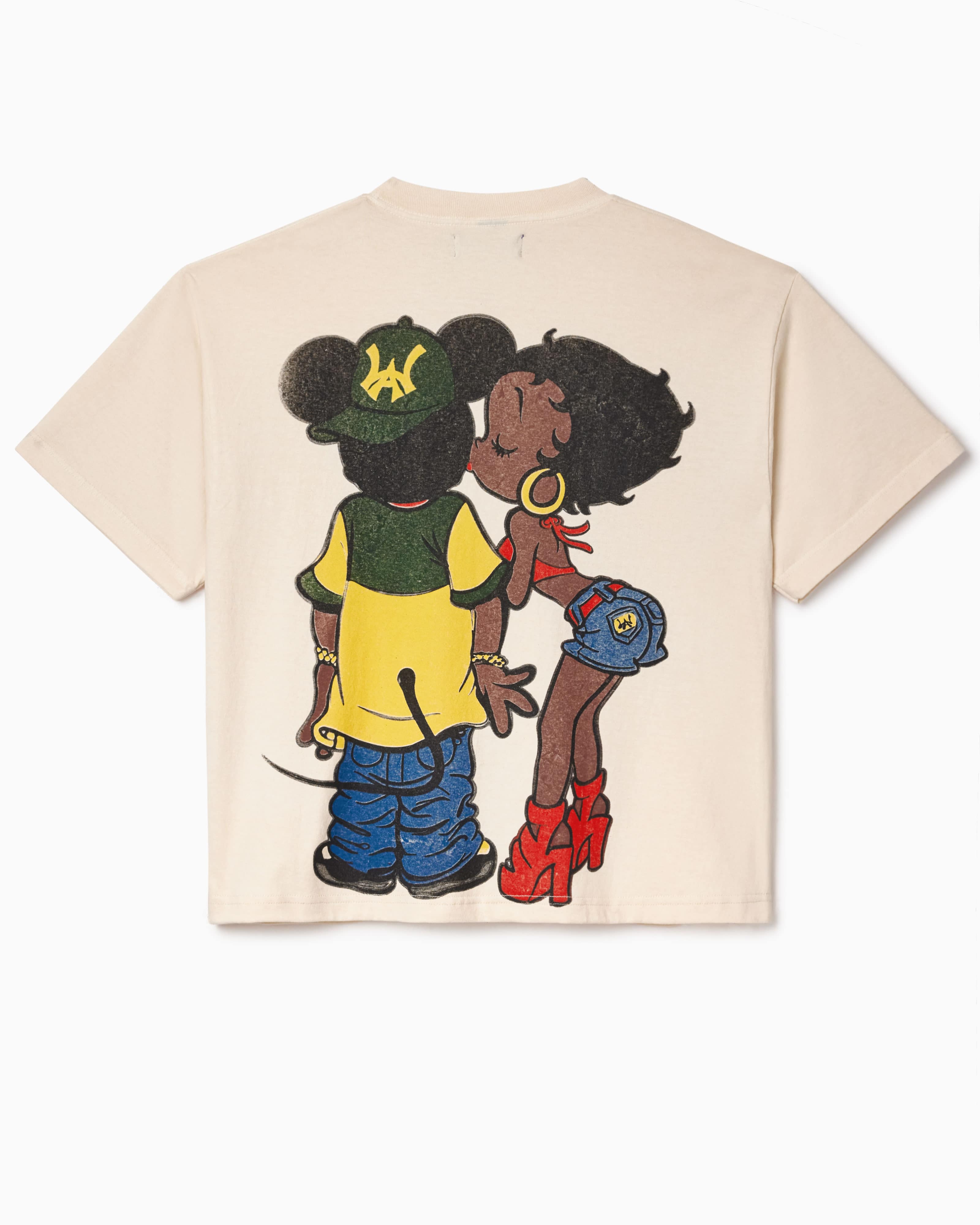 Beige t-shirt with cartoon characters on a white background. WA logo on the hat and pants