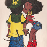 Cartoon characters in streetwear fashion with colorful outfits and accessories.
