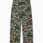 Camouflage pants with a WA logo on a white background