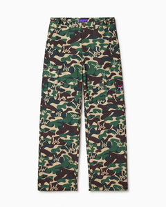 Camouflage pants with a WA logo on a white background
