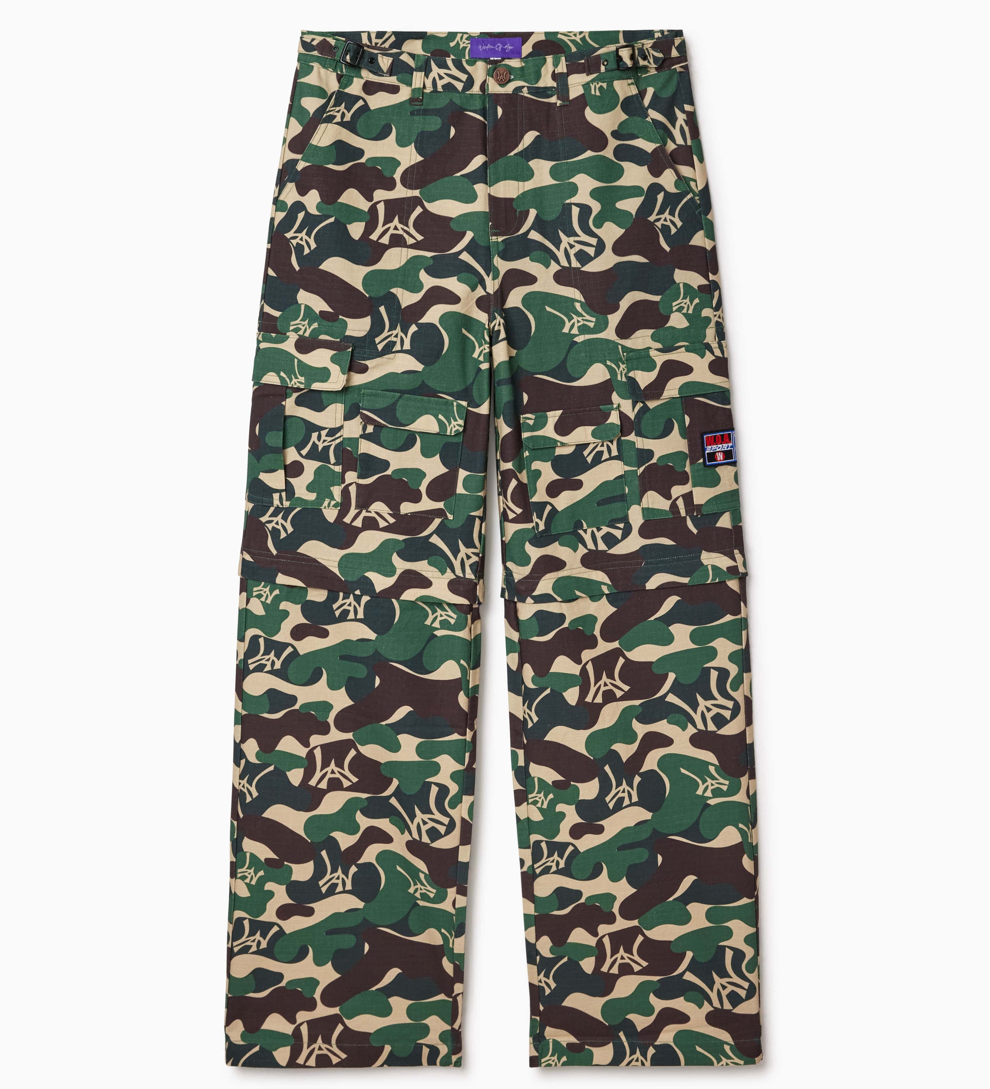 Camouflage pants with a WA logo on a white background