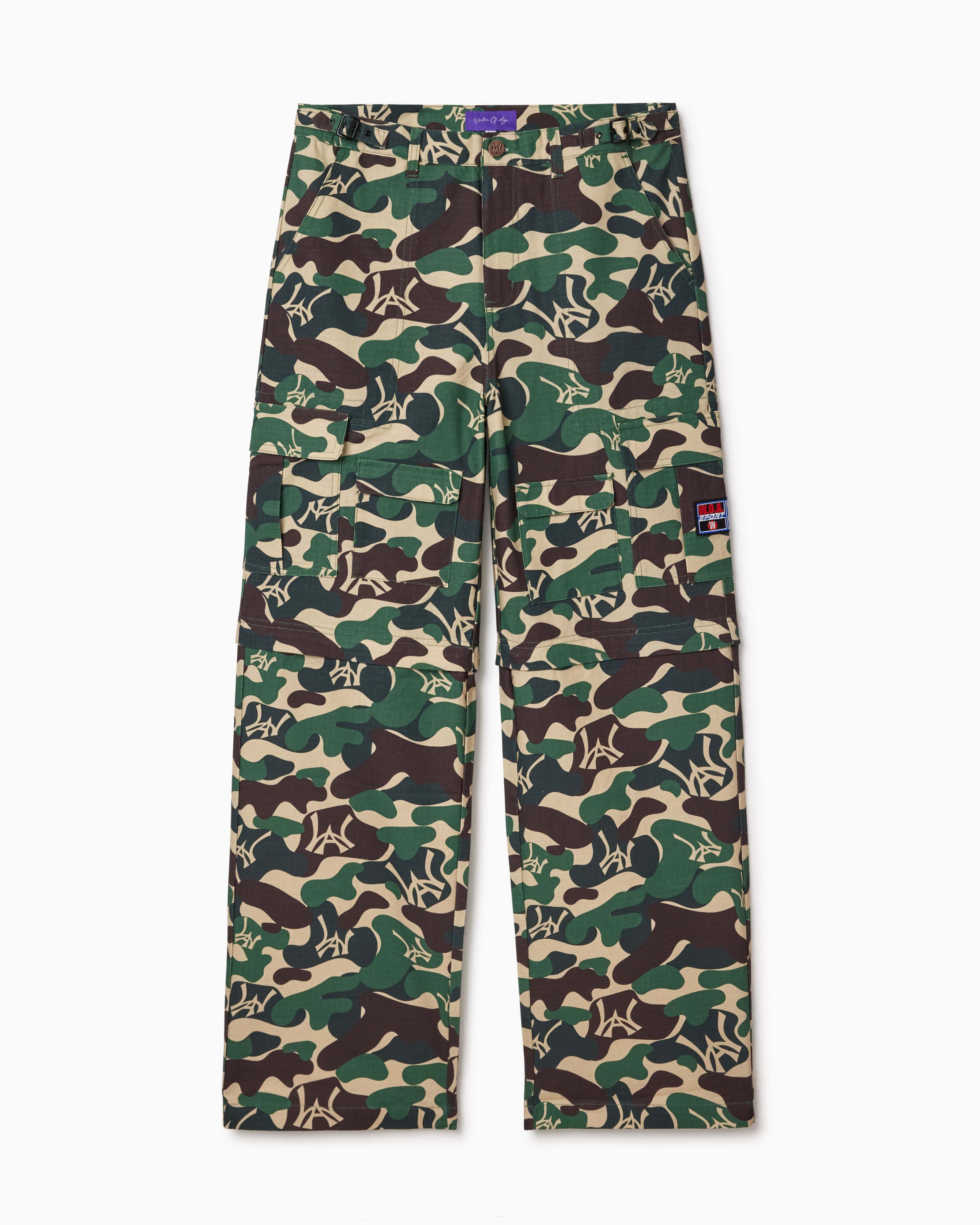 Camouflage pants with a WA logo on a white background