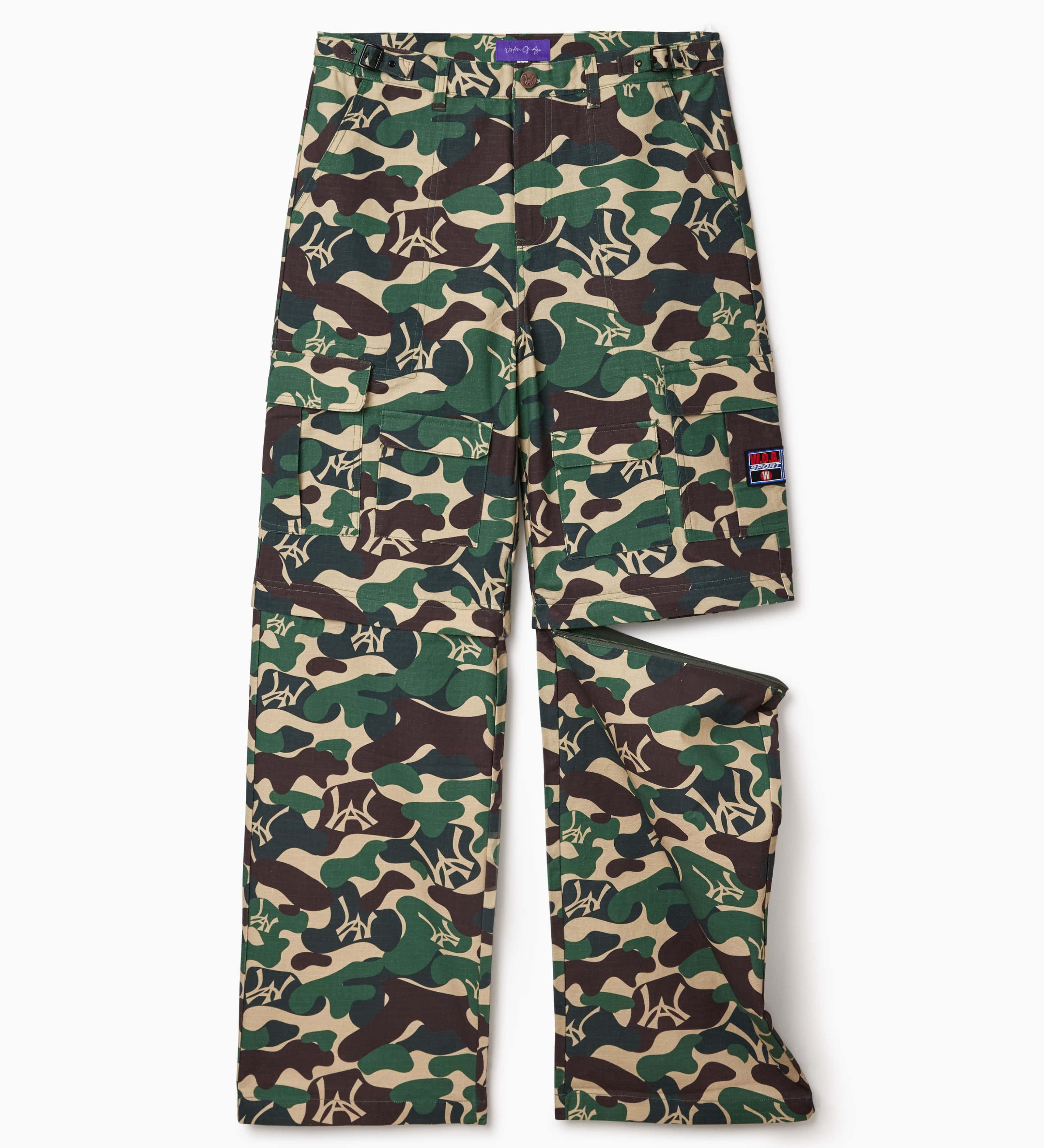Camouflage pants with WA logo on a white background