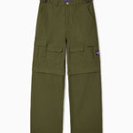 Olive Green cargo pants with multiple pockets on a white background