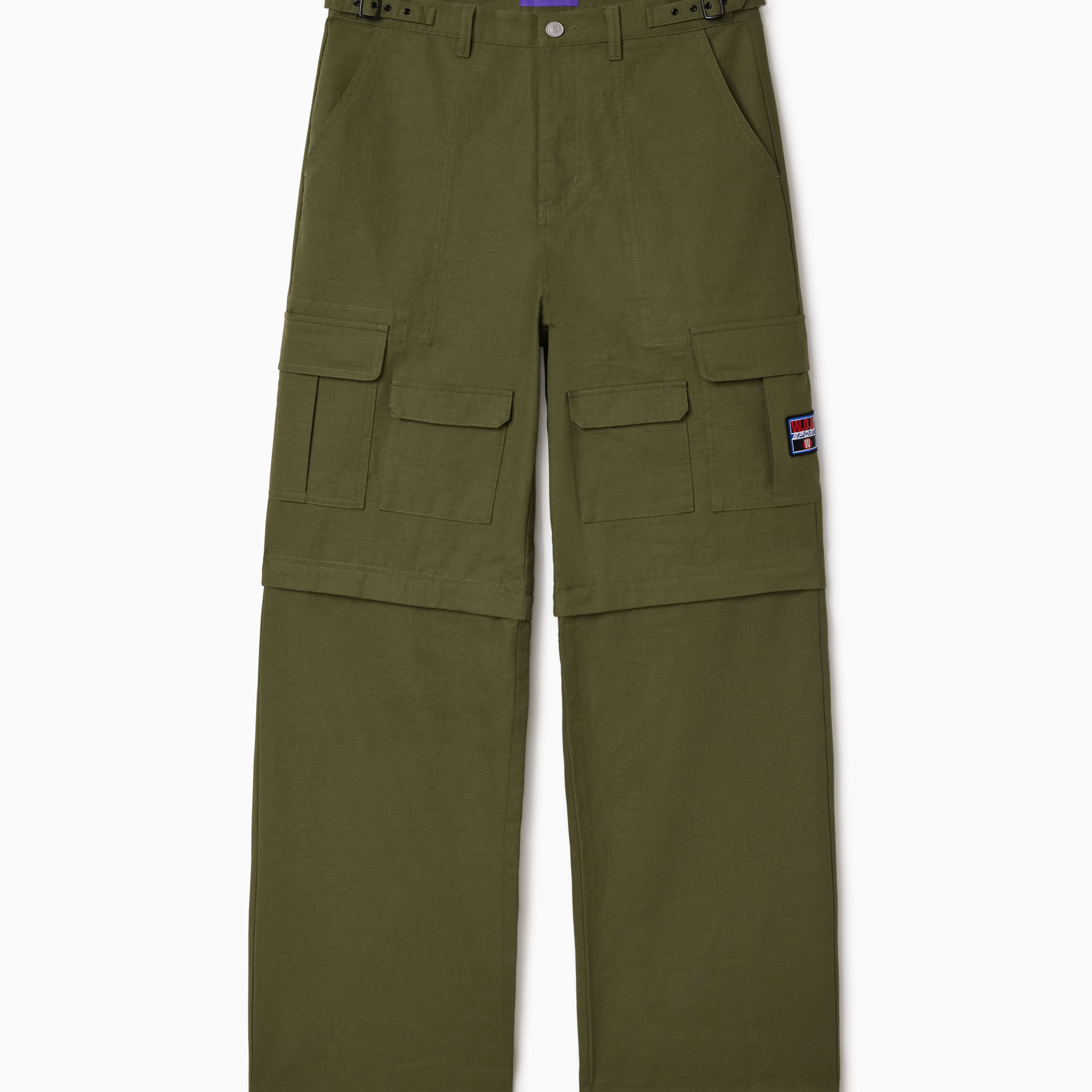 Olive Green cargo pants with multiple pockets on a white background