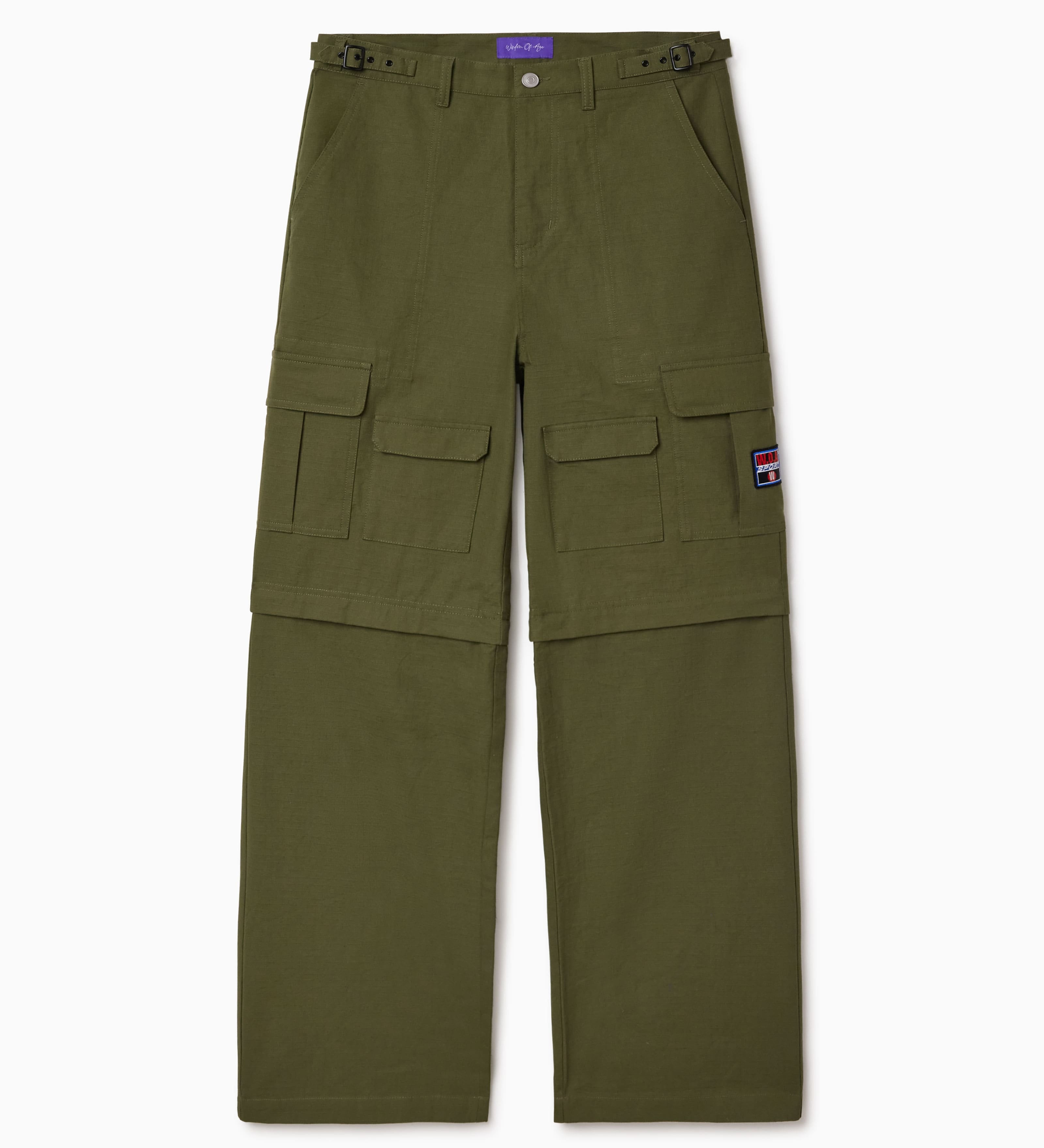 Olive Green cargo pants with multiple pockets on a white background