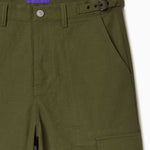 Green cargo pants with a belt and the Wisdom Of Age label on a white background