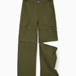 Olive Green cargo pants with multiple pockets on a white background