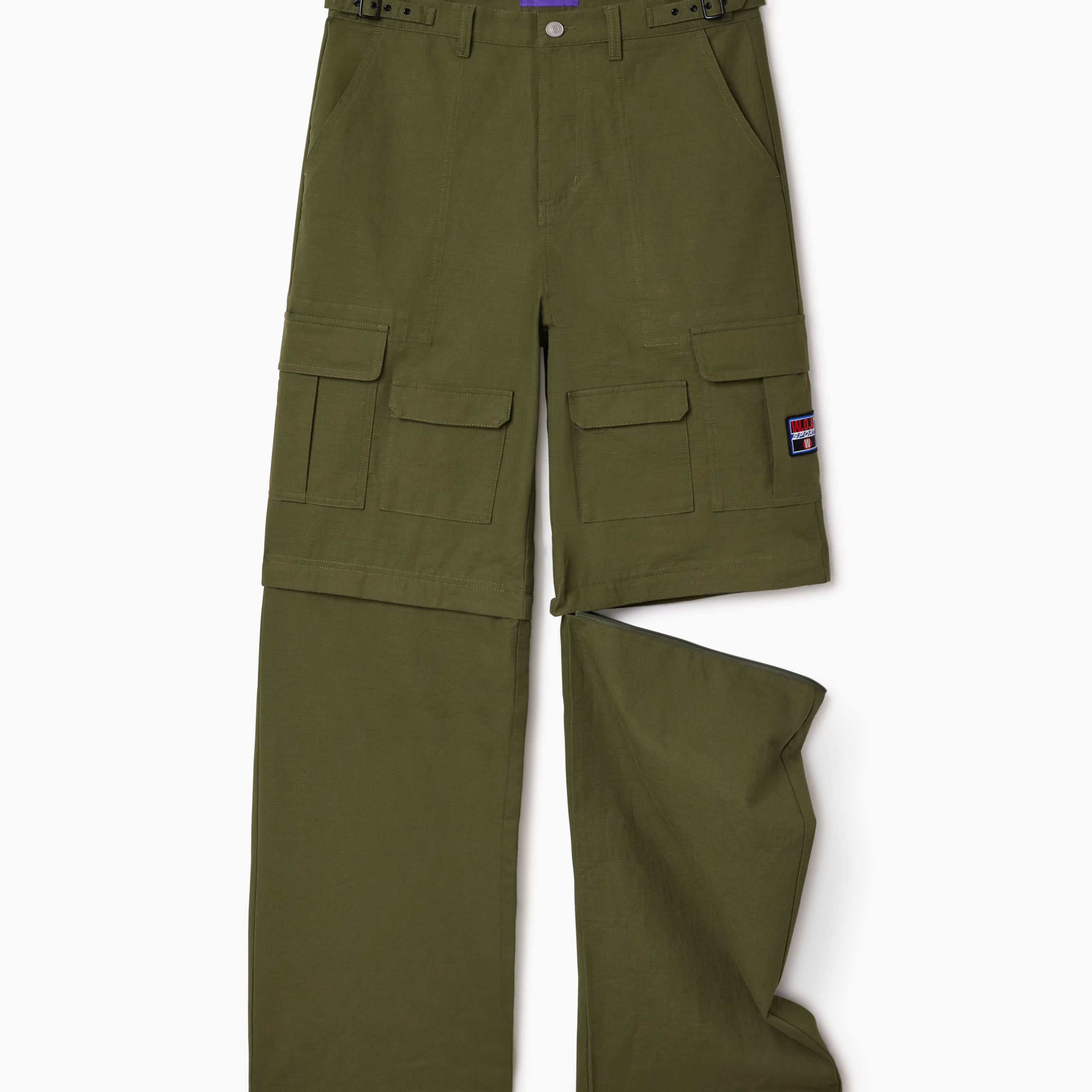 Olive Green cargo pants with multiple pockets on a white background