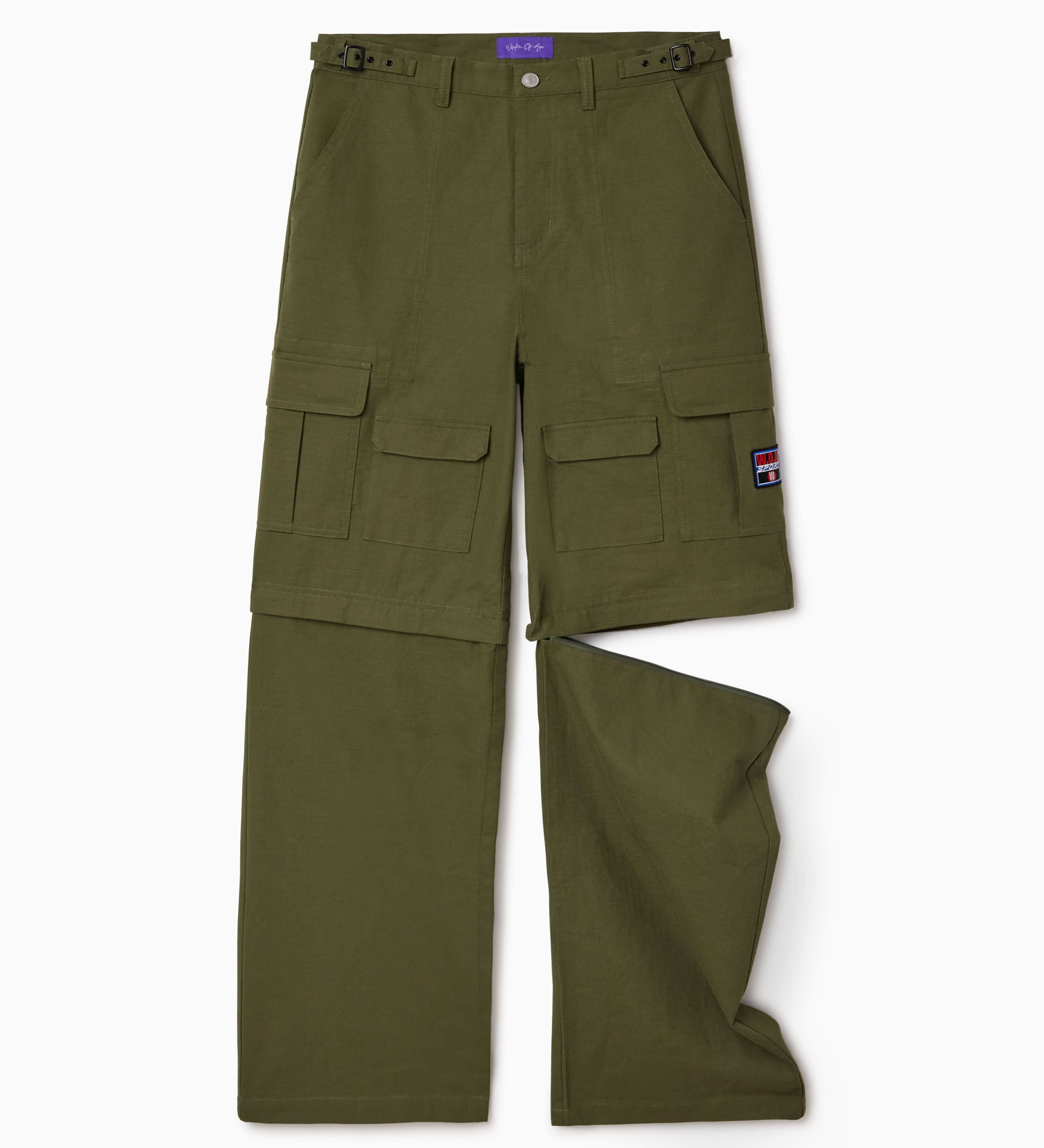 Olive Green cargo pants with multiple pockets on a white background