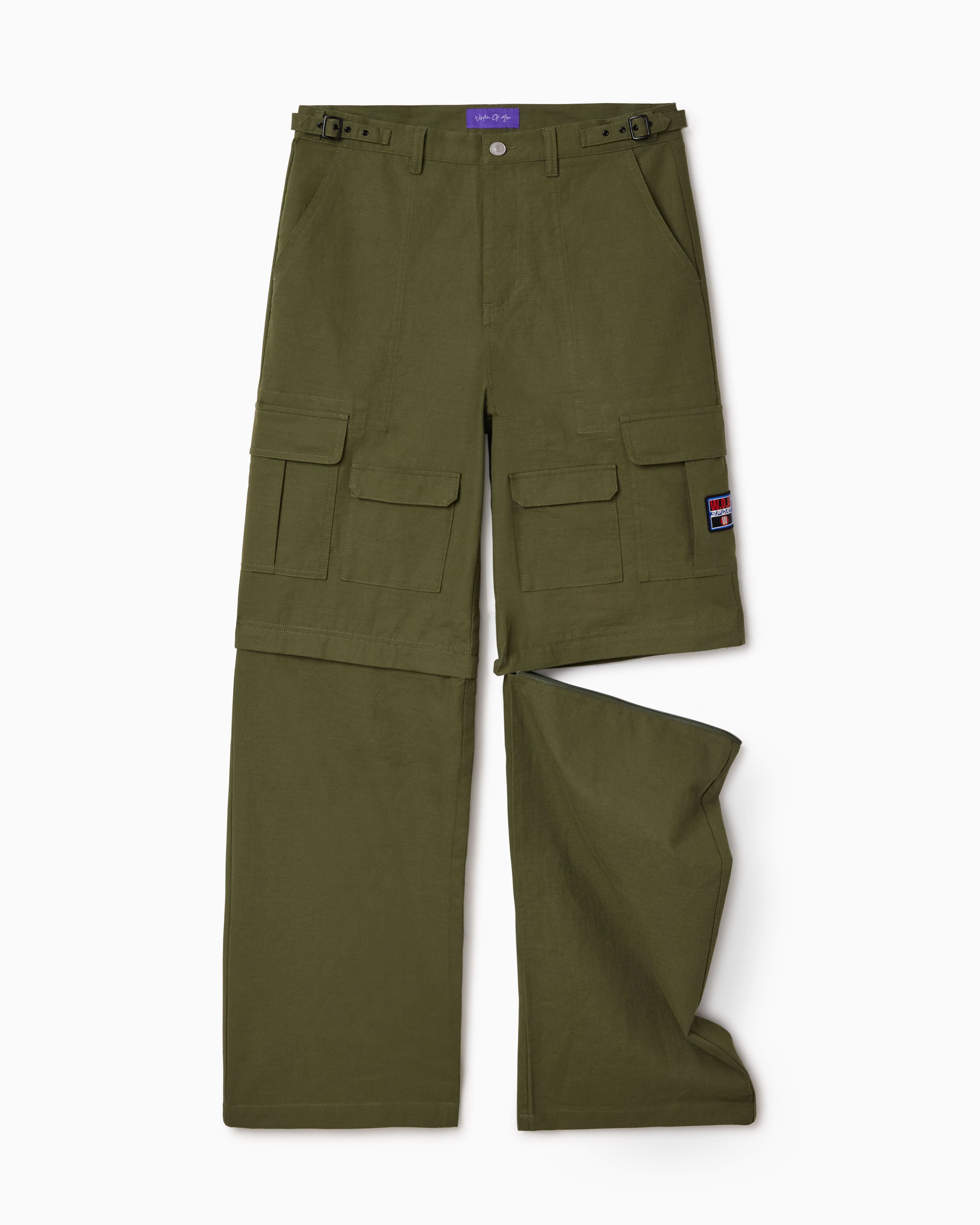 Olive Green cargo pants with multiple pockets on a white background