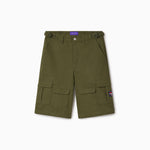 Olive Green cargo shorts with the Wisdom Of Age Tag on a white background