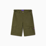 Olive Green cargo shorts with the Wisdom Of Age Tag on a white background