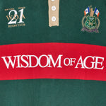 Green and red Wisdom Of Age rugby shirt with 'Wisdom of Age' embroiered text and club logo.