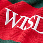 Red and green striped fabric with 'WISD' embroidered in white