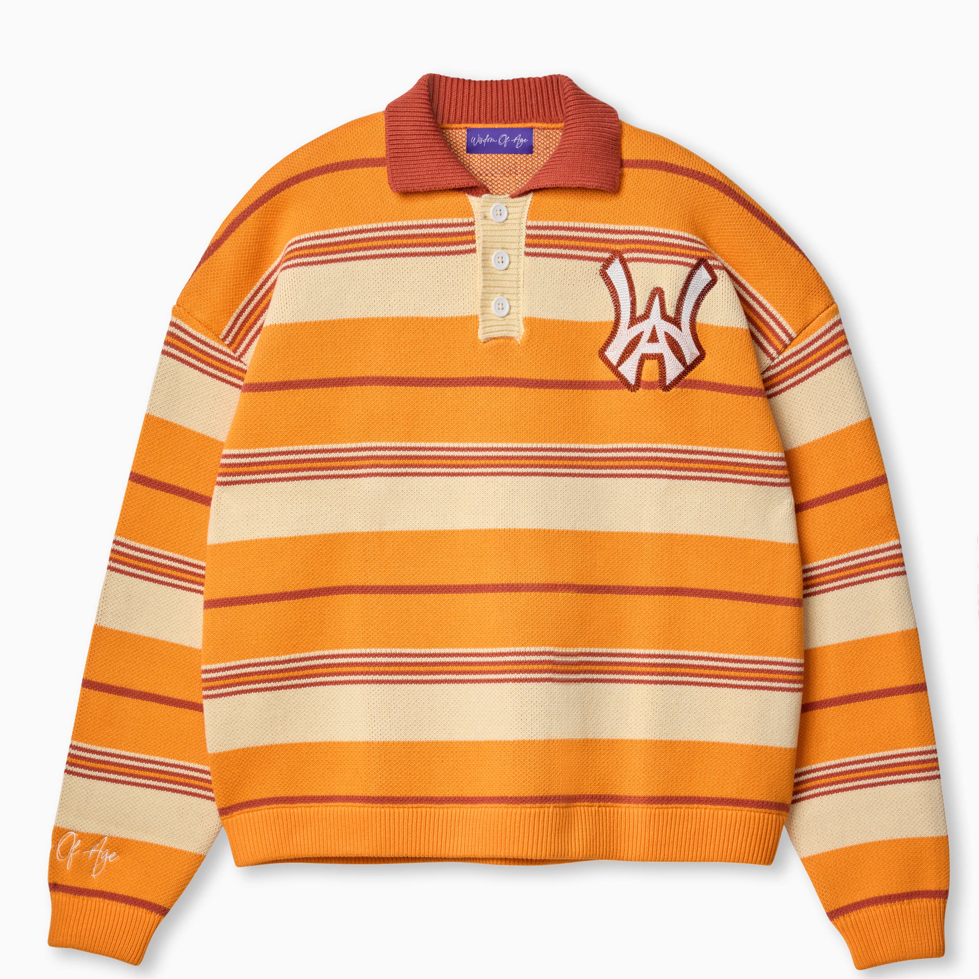 Wisdom of Age Orange Striped Carlton Rugby Sweater, Garfield color blend of orangy-tangerine and orange zest, with the WOA symbol on the top left side of the chest
