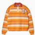 Wisdom of Age Orange Striped Carlton Rugby Sweater, Garfield color blend of orangy-tangerine and orange zest, with the WOA symbol on the top left side of the chest