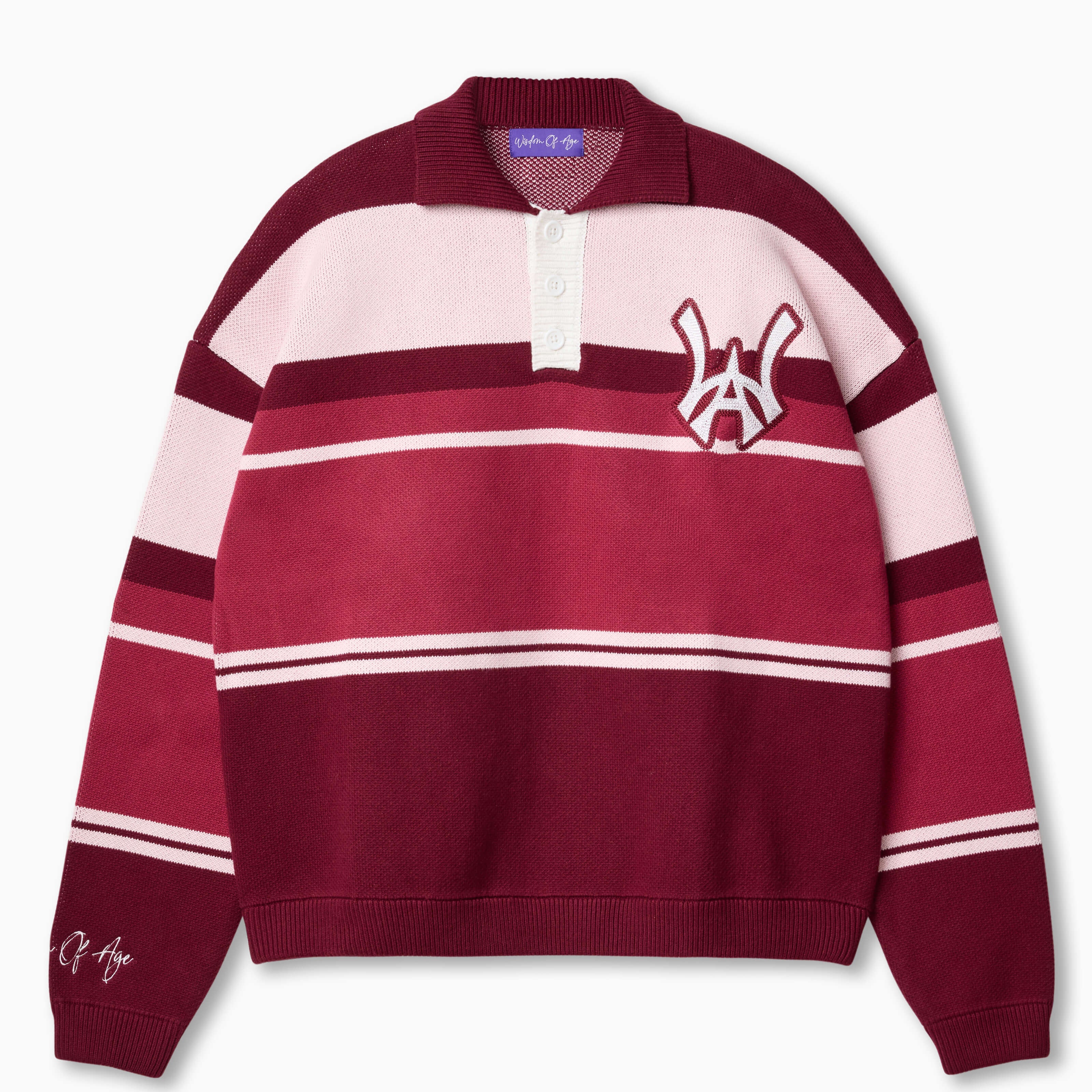 Wisdom of Age Burgundy Striped Carlton Rugby Sweater, Tri-tone color palette of burgundy/wine red, raspberry red, and a white-ish light pastel red with the WOA symbol on the top left side of the chest