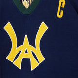 Close Up Of The Wisdom Of Age Knit Hockey Jersey Navy Front View