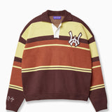 Wisdom of Age Butterscotch hued Stripped Carlton Rugby Sweater, color palette of yellow and orangish-brown with WOA symbol on the top left side of the chest