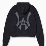 Back of Wisdom of Age Knit Hoodie in Black. WA symbol on the back in the middle.