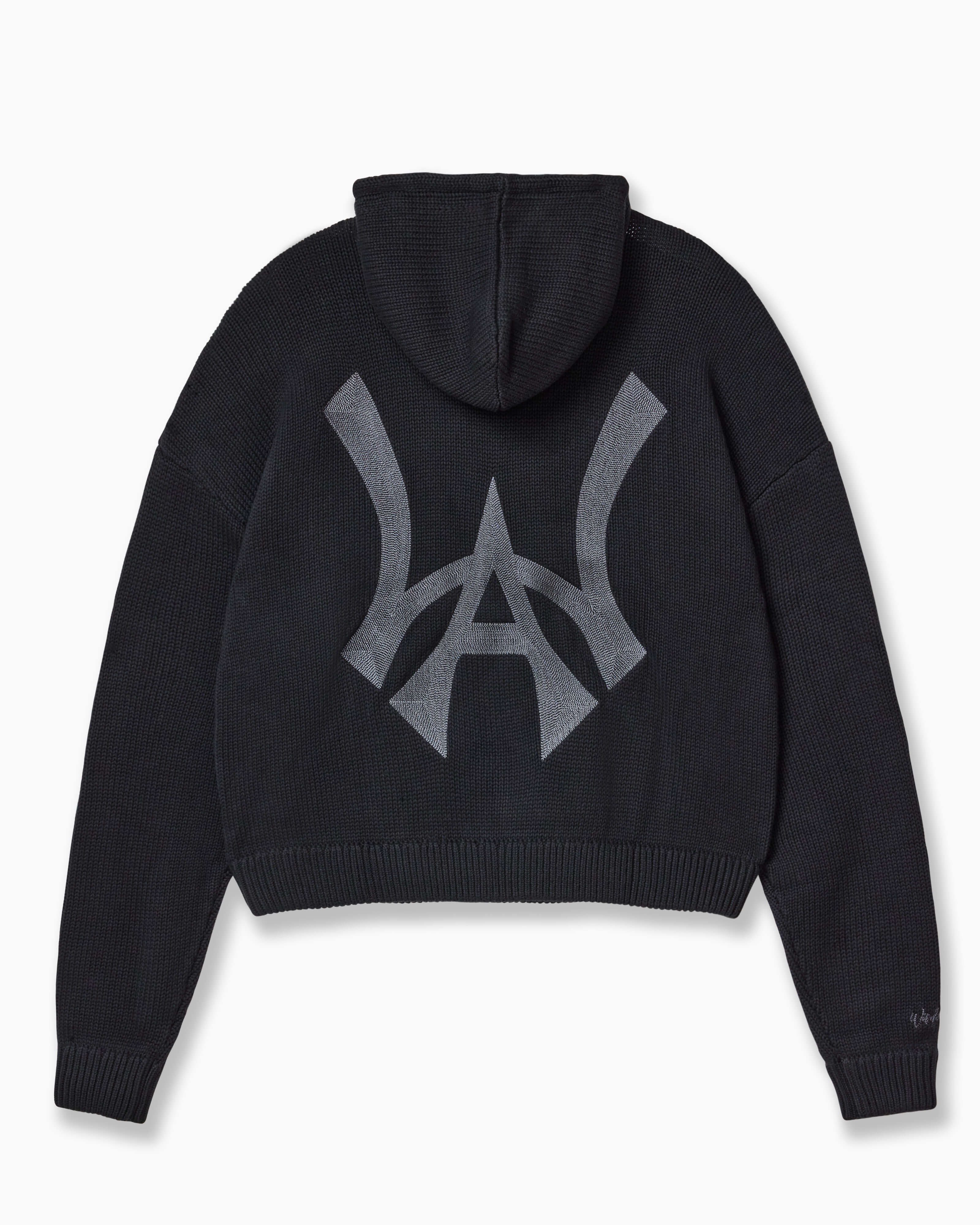 Back of Wisdom of Age Knit Hoodie in Black. WA symbol on the back in the middle.