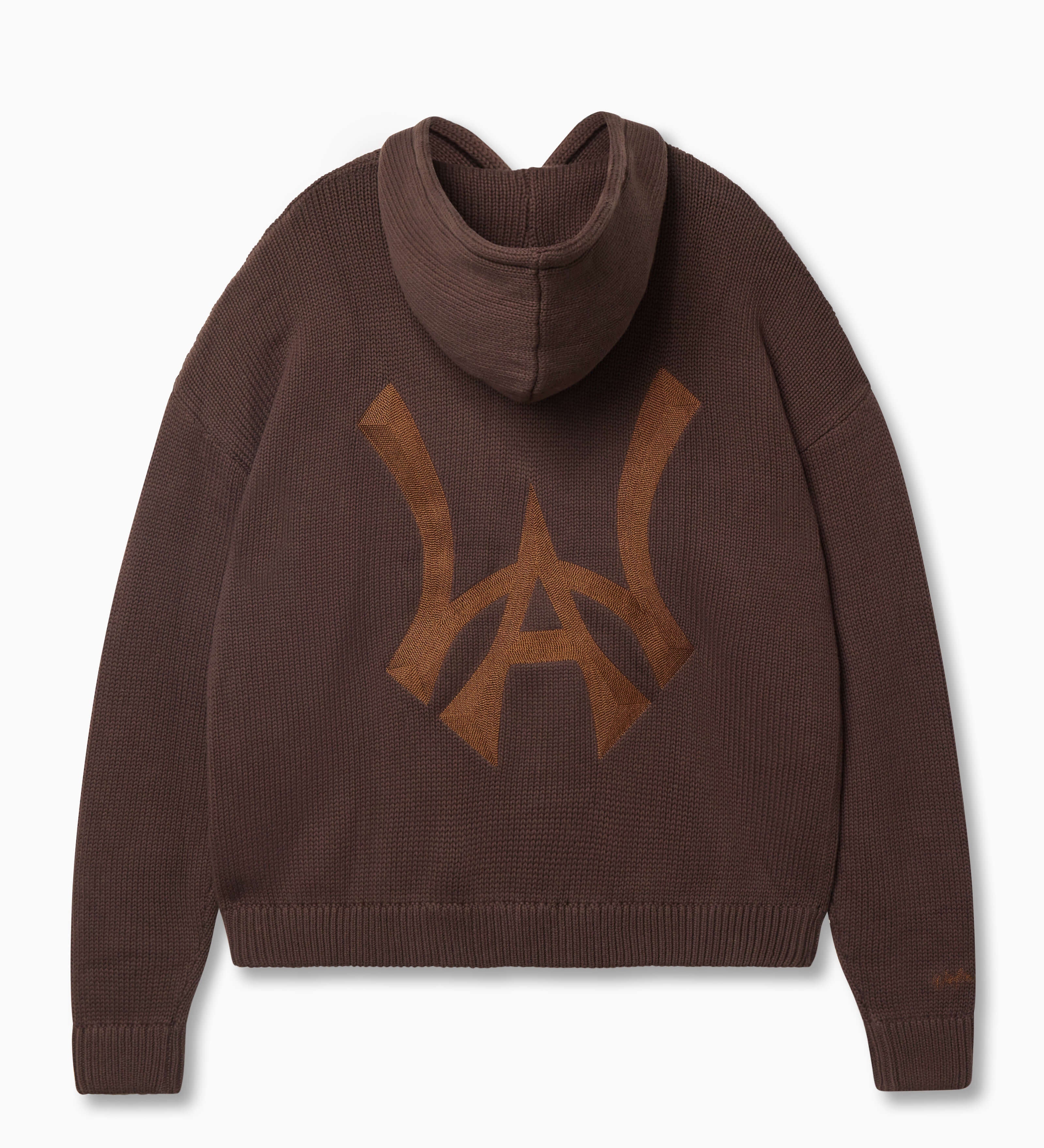 Back of Wisdom of Age Knit Hoodie in Mocha. WA symbol on the back in the middle.