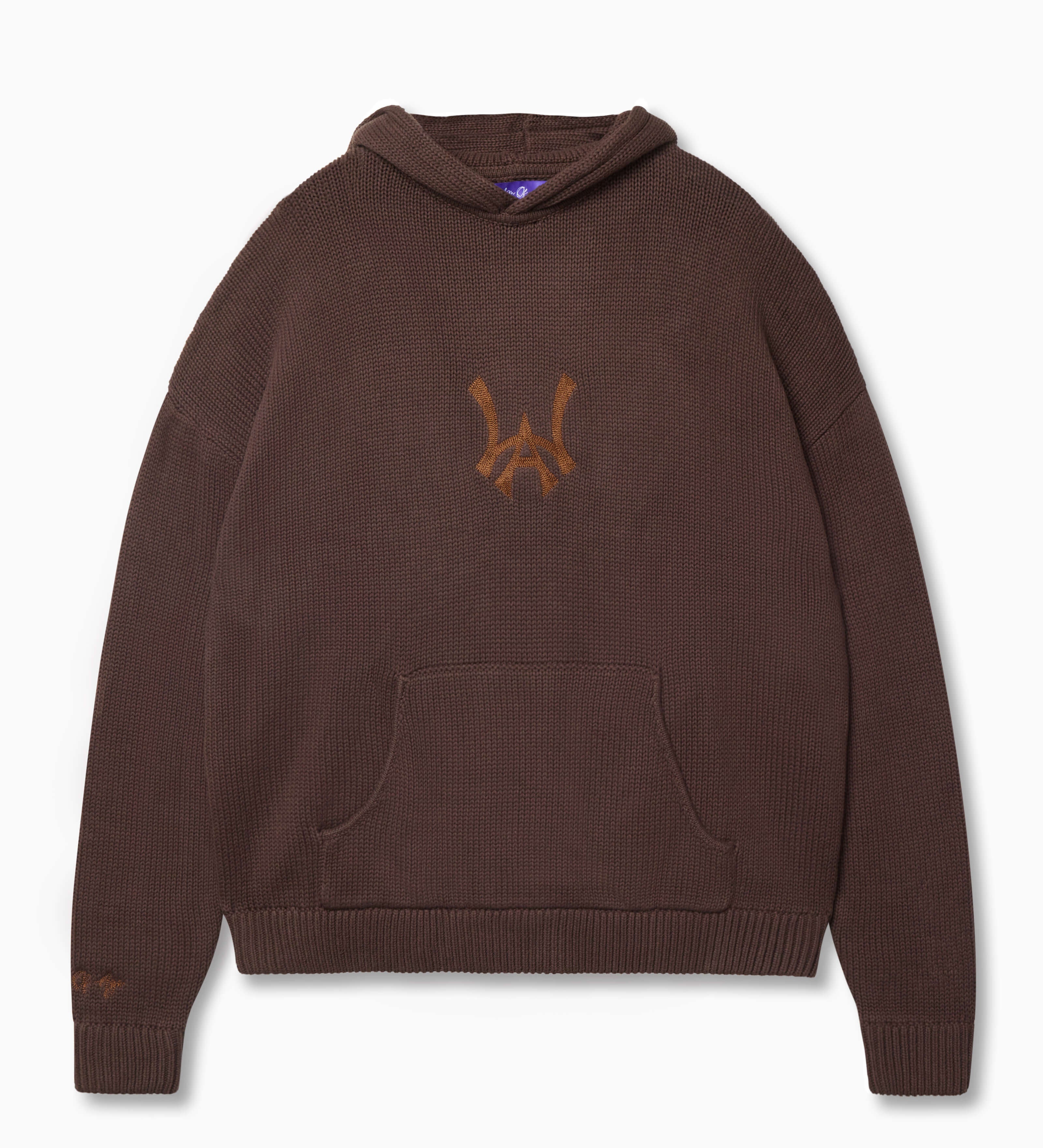 Wisdom of Age Knit Hoodie in Mocha. Waffle knit texture in a chocolate color wave with the WA symbol in the chest of the hoodie. Kangaroo pockets and embroidered right sleeve with brand name.