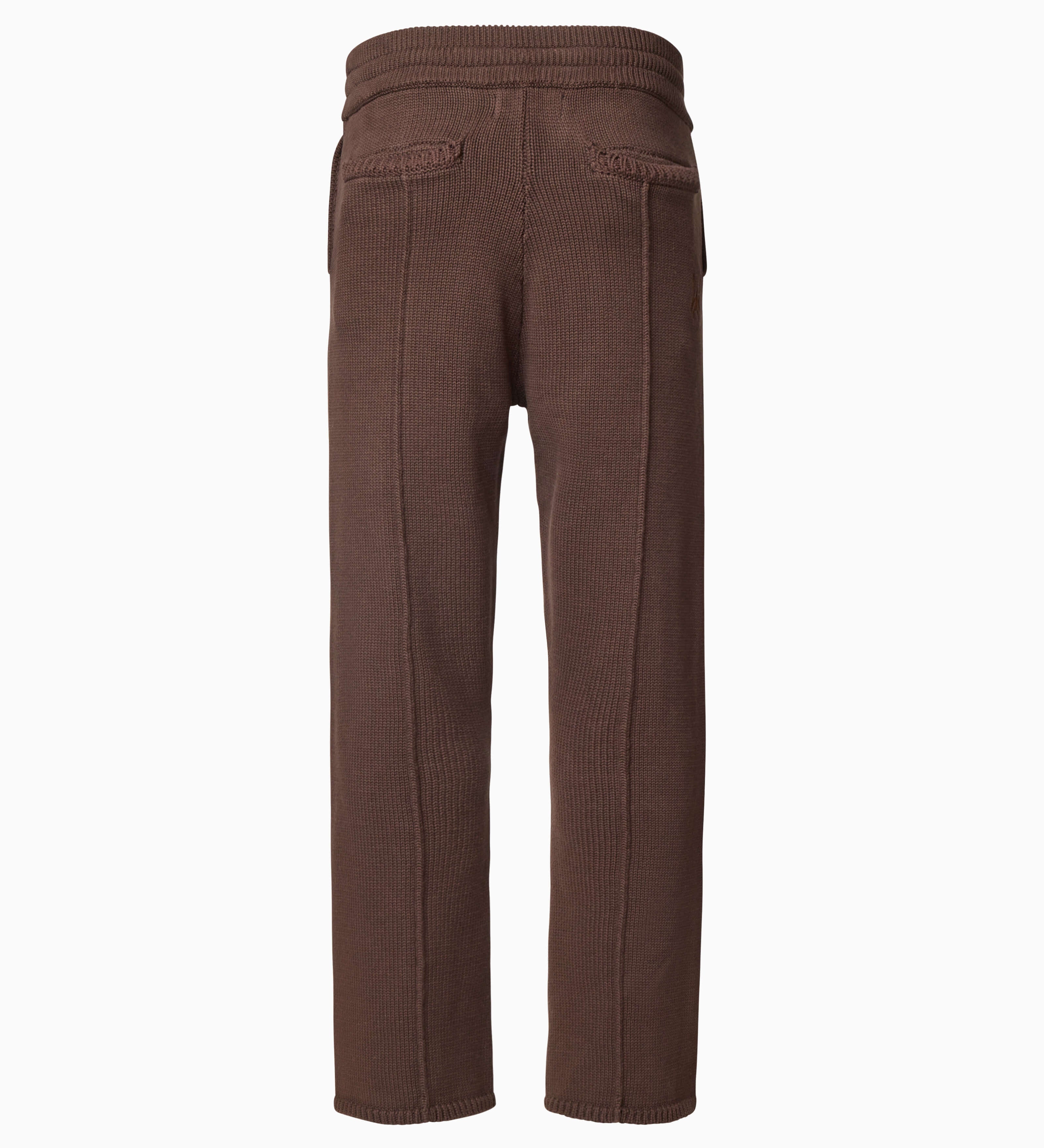 Back of Wisdom of Age Knit Sweatpants in Mocha. Back welt pockets and WA logo chain stitched below back right pocket on the side.