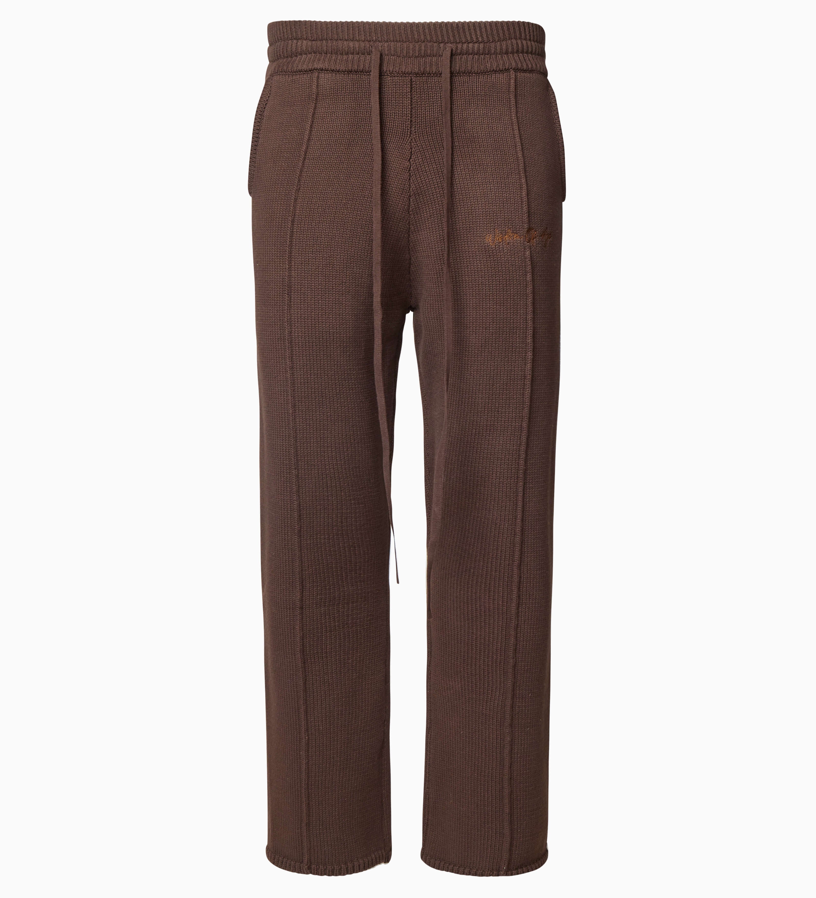 Wisdom of Age Knit Sweatpant in Mocha. Waffle knit texture with drawstring elasticized waistband in a chocolate color wave. Side slip-in pockets and script brand name embroidered on front left leg.
