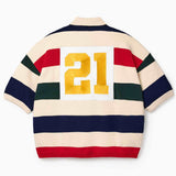 Wisdom of Age Bleecker Rugby Polo in multicolor stripes back view with gold embroidered 21 patch on white background.