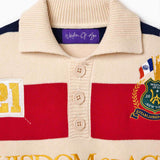 Wisdom of Age Bleecker Rugby Polo in multicolor stripes zoomed front view of collar with three buttons and purple Wisdom of Age inner tag on white background.