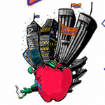 Illustration of a red apple with buildings and 'NBA Finals Champs' text on a white background