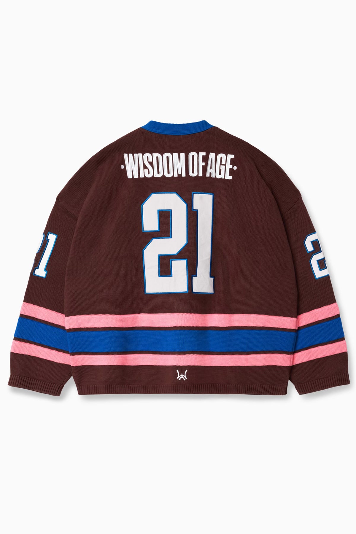 Rear view of the Wisdom Of Age Knit Hockey Jersey with the number 21 in white with a blue outline on the center, Wisdom of age on the name plate. Pink Stripe followed by a blue stripe followed by a pink stripe.