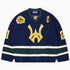 Front view of the Wisdom Of Age Knit Hockey jersey Navy. WA logo on the front with  and captains C on the left shoulder and a nyc skyline patch on the right shoulder. the number 21 on the sleeves