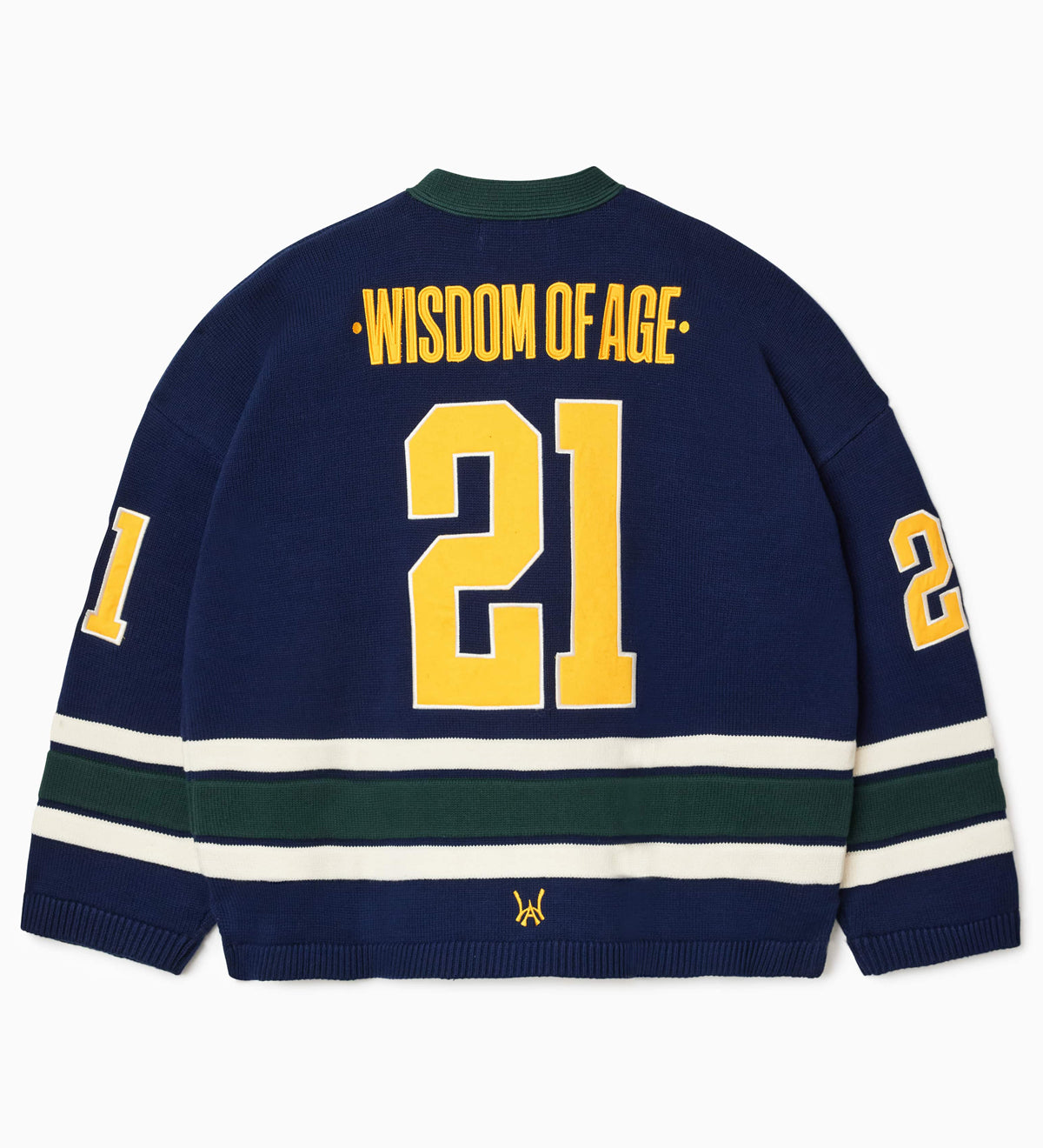Rear view of the Wisdom Of Age Knit Hockey jersey Navy. Wisdom Of Age on the name plate with the number 21 in yellow underneath