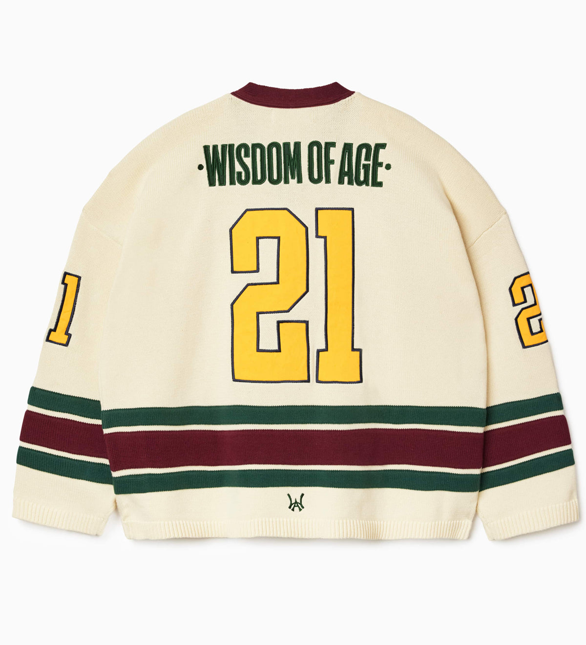 Rear view of the Wisdom Of Age Knit Hockey jersey Cream V2. Wisdom Of Age on the name plate with the number 21 underneath