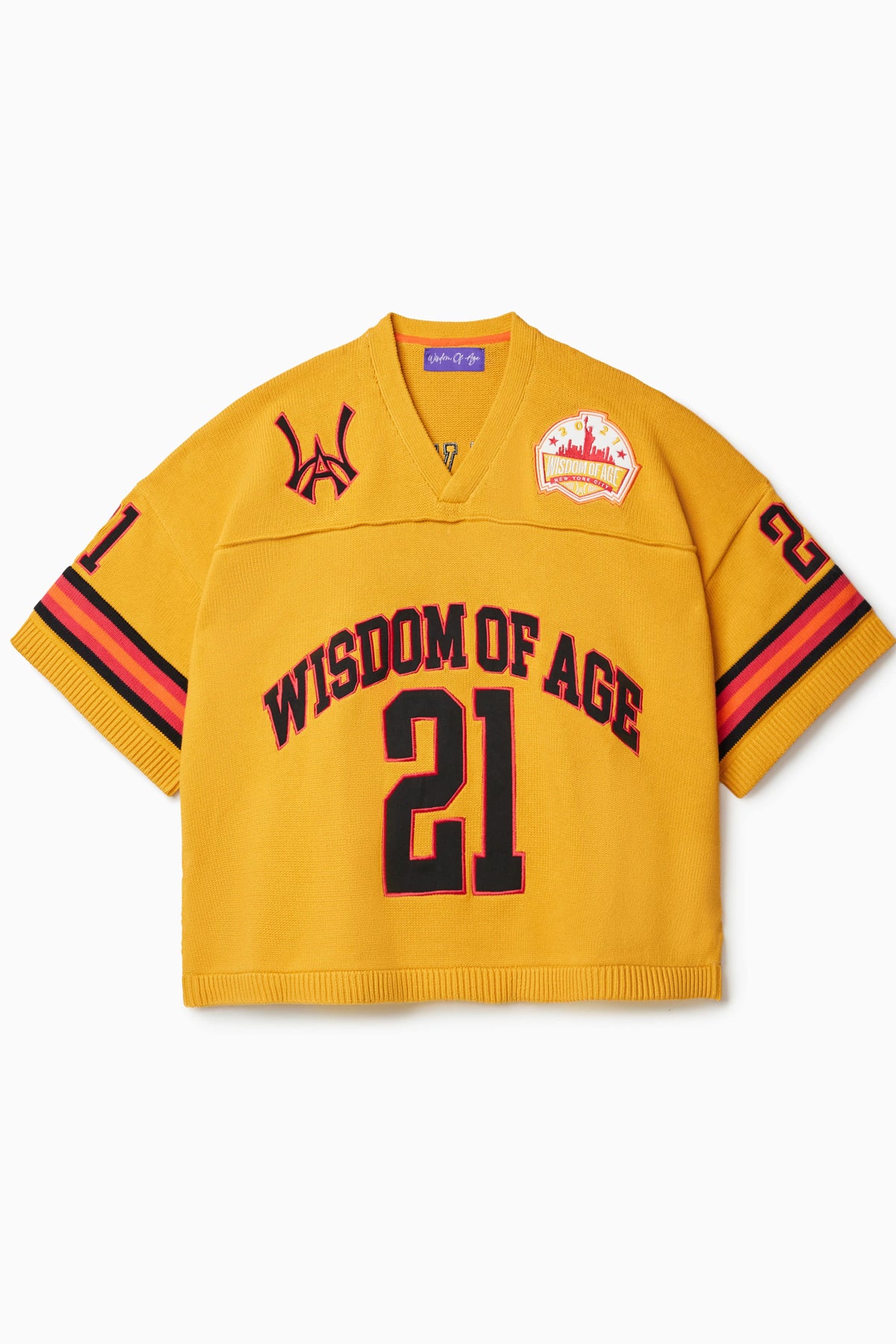 Front view of Wisdom Of Age Knit Football Jersey in Mustard Short Sleeve. Wisdom Of Age written on the chest in black with a red outline with the number 21 under. WA Logo on the right chest, Skyline patch on the left chest. 