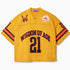 Front view of Wisdom Of Age Knit Football Jersey in Mustard Short Sleeve. Wisdom Of Age written on the chest in black with a red outline with the number 21 under. WA Logo on the right chest, Skyline patch on the left chest. 