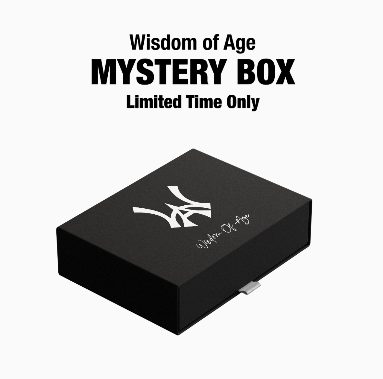 Graphic of black friday exclusive mystery box. Black box with WA logo and 'Wisdom Of Age' written in script.