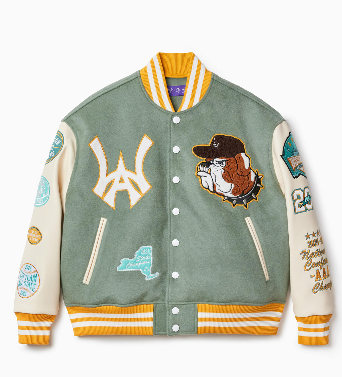 Front view of the wisdom of age mint varisty jacket