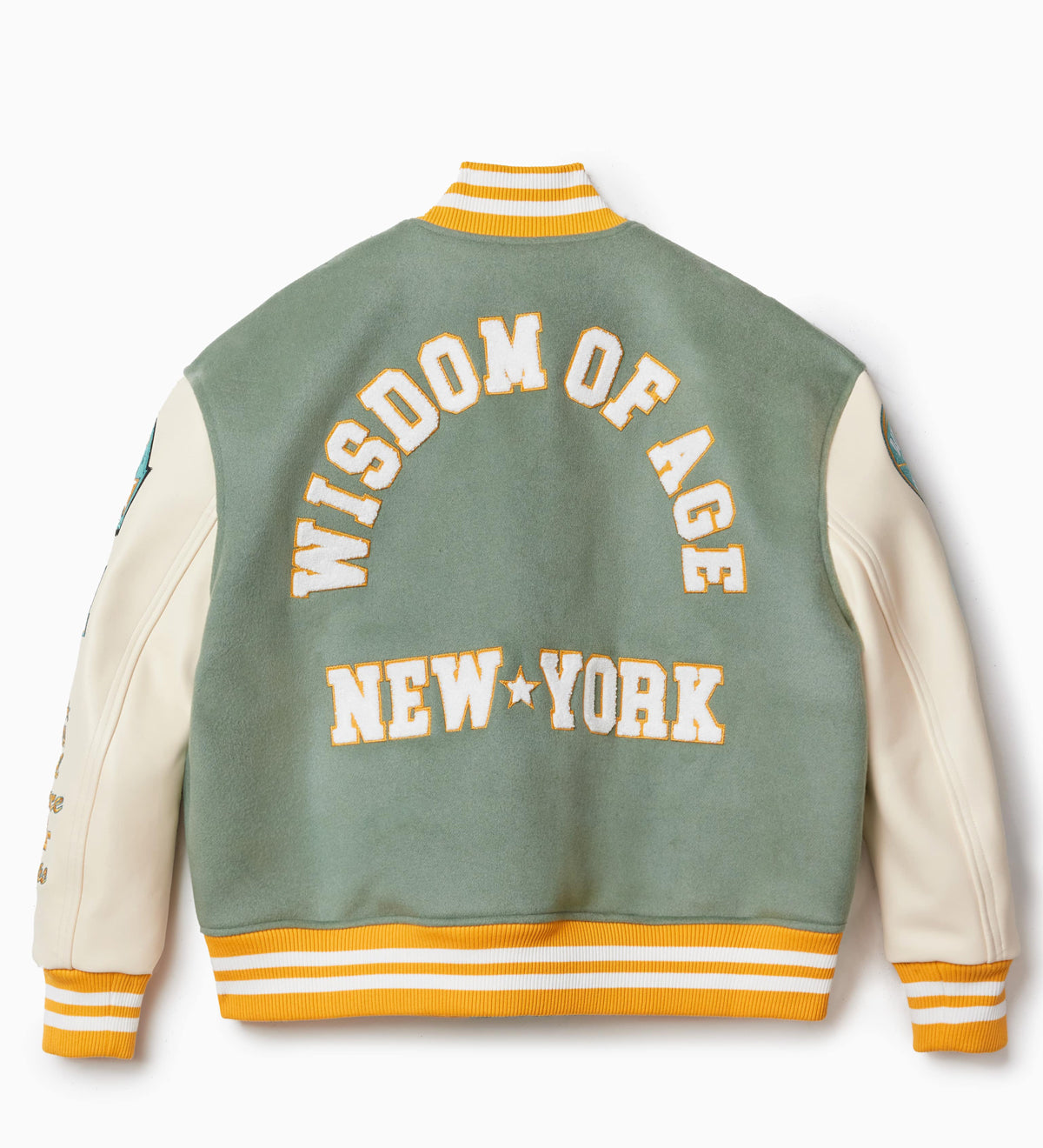 Rear view of the wisdom of age mint varisty jacket