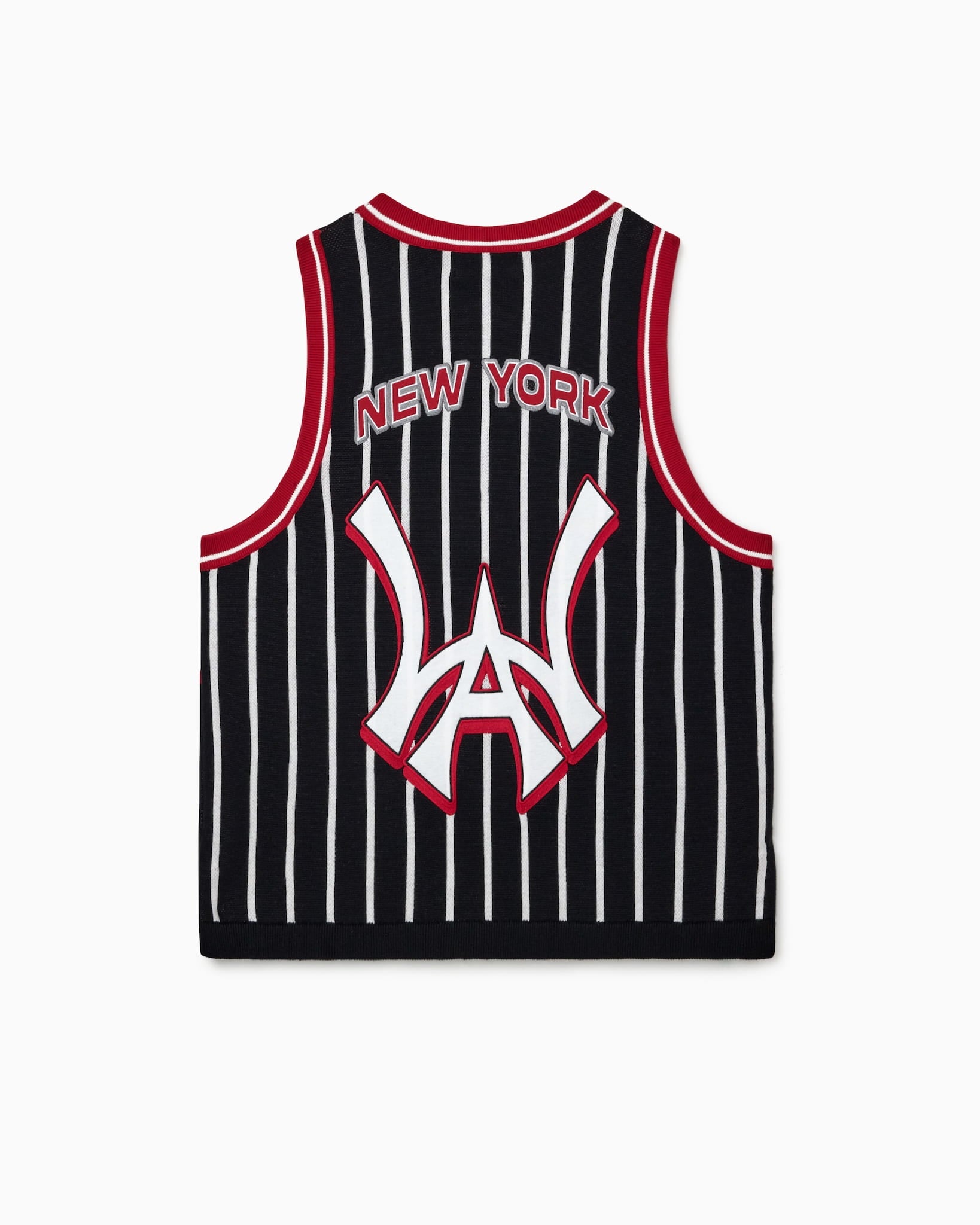 Wisdom Of Age Empire Basketball Jersey Black Pinstripe back view with New York lettering and brand logo on white background