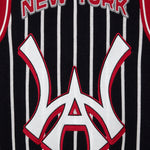 Wisdom Of Age Empire Basketball Jersey Black Pinstripe black close up view on New York lettering and brand logo