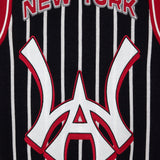 Wisdom Of Age Empire Basketball Jersey Black Pinstripe black close up view on New York lettering and brand logo