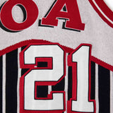 Wisdom Of Age Empire Basketball Jersey Black Pinstripe front close up view of jersey number 21